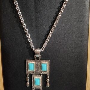 Vintage Sarah Coventry Silver Tone Turquoise Pendant Necklace 34.5” Long